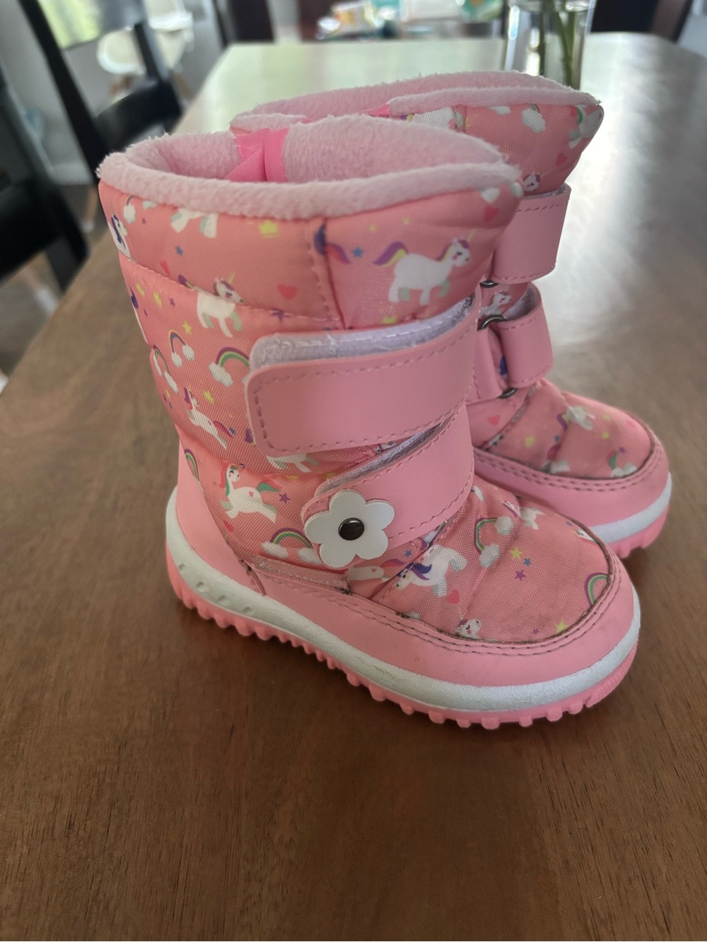 Kids Pink Unicorn Winter Boots with Flower Accent